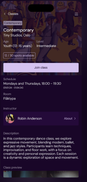 Tiny Studios app – intelligent dance studio management dashboard
